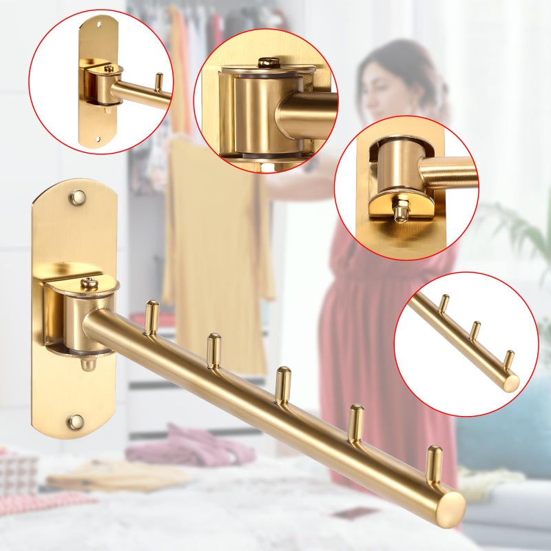 Sumnacon Clothes Rack, 2 Pcs Stainless Steel Clothes Hanger, Wall Mounted Clothes Hanging Organizer, Drying Rack with Swing Arm, Space Saving Hangers for Bathroom Laundry Room Closet, Gold - Image 4