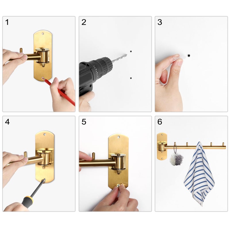 Sumnacon Clothes Rack, 2 Pcs Stainless Steel Clothes Hanger, Wall Mounted Clothes Hanging Organizer, Drying Rack with Swing Arm, Space Saving Hangers for Bathroom Laundry Room Closet, Gold - Image 5