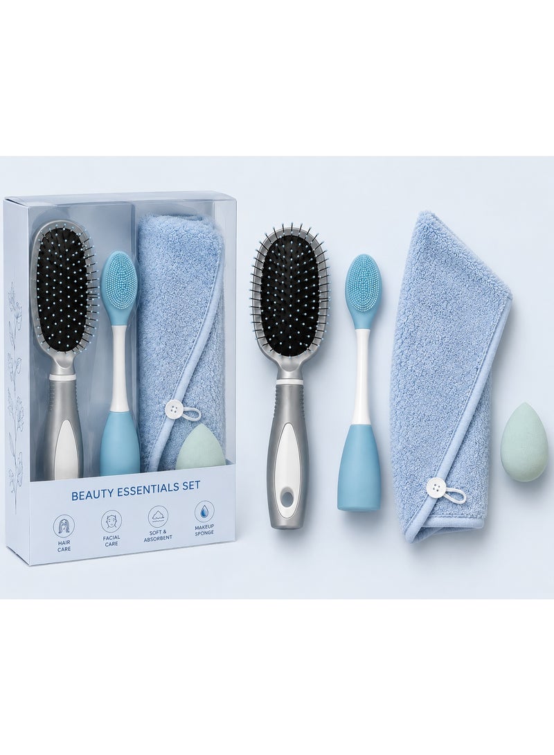 4-Piece Women’s Personal Care Accessory Set – Hair Brush, Facial Cleansing Brush, Soft Hair Towel & Beauty Sponge - Image 2