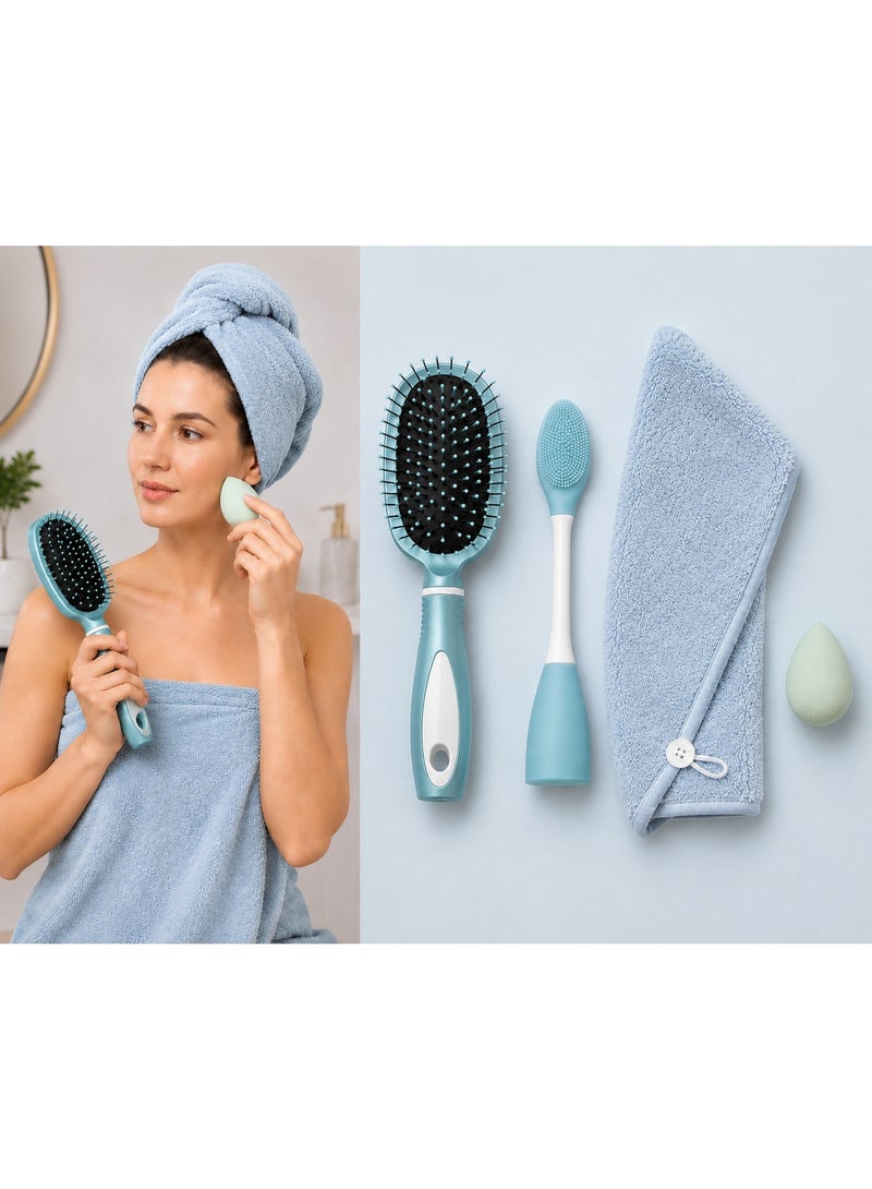 4-Piece Women’s Personal Care Accessory Set – Hair Brush, Facial Cleansing Brush, Soft Hair Towel & Beauty Sponge - Image 1