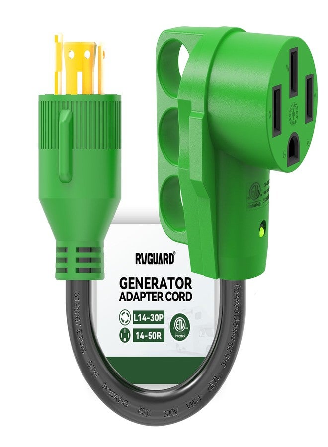 RVGUARD 4 Prong 30 Amp to 50 Amp RV Generator Adapter Cord 12 Inch STW, L14-30P Locking Male Plug to 14-50R Female with LED Power Indicator, Green - Image 1