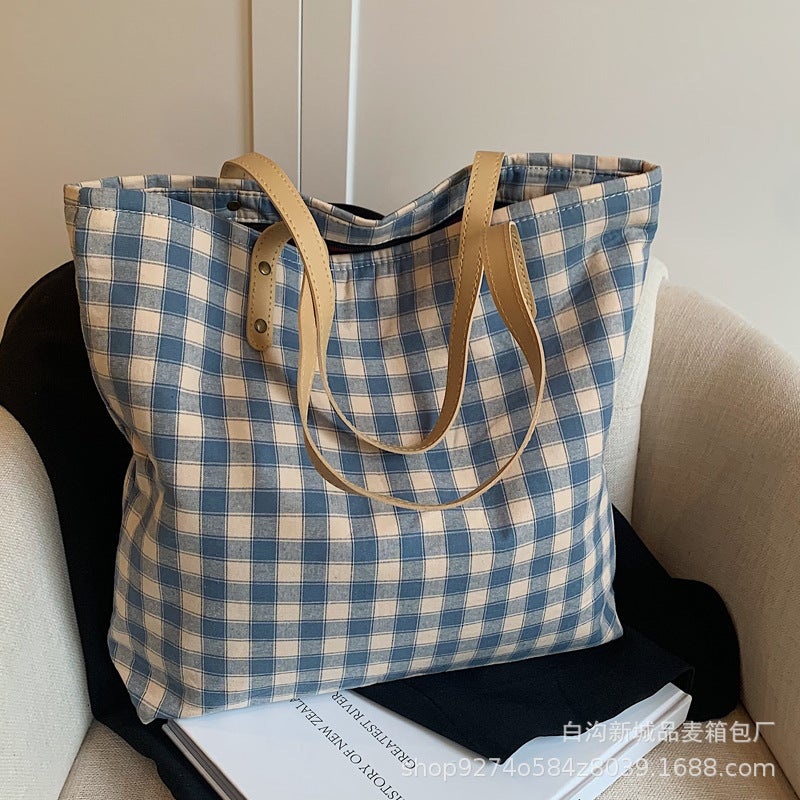 This Year'S Popular Casual Soft Noodle Bag Women'S Foreign Style Plaid Canvas Bag Large Capacity Tote Bag - Image 4