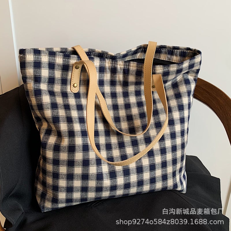 This Year'S Popular Casual Soft Noodle Bag Women'S Foreign Style Plaid Canvas Bag Large Capacity Tote Bag - Image 5