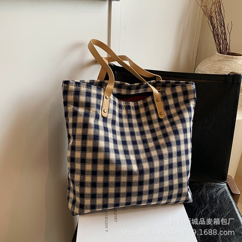 This Year'S Popular Casual Soft Noodle Bag Women'S Foreign Style Plaid Canvas Bag Large Capacity Tote Bag - Image 1