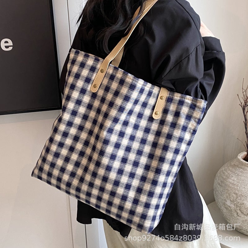 This Year'S Popular Casual Soft Noodle Bag Women'S Foreign Style Plaid Canvas Bag Large Capacity Tote Bag - Image 3
