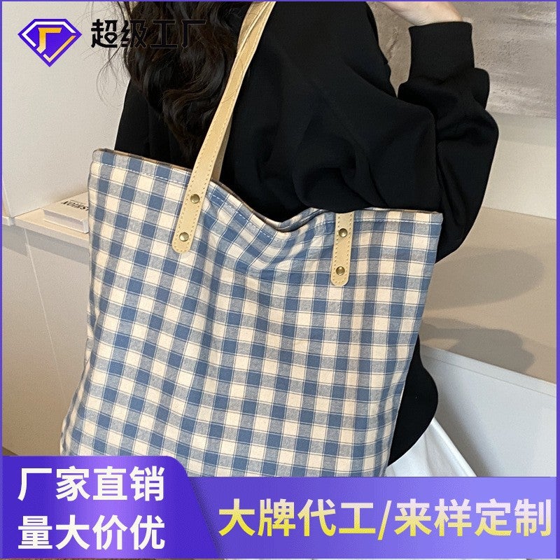 This Year'S Popular Casual Soft Noodle Bag Women'S Foreign Style Plaid Canvas Bag Large Capacity Tote Bag - Image 2