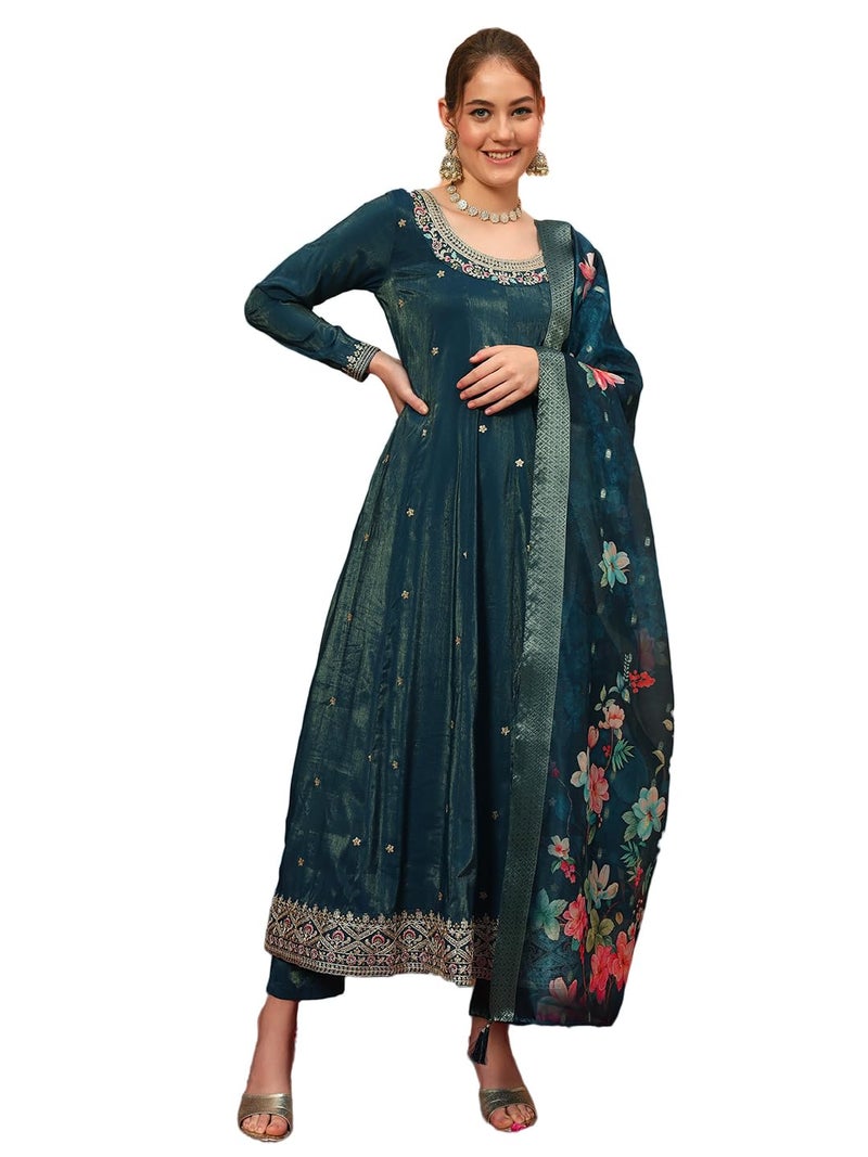 SHOPPING QUEEN Women's Silk Embroidered Kurta, Pyjama & Dupatta Set (A602_Prussian Blue_XS) - Image 1