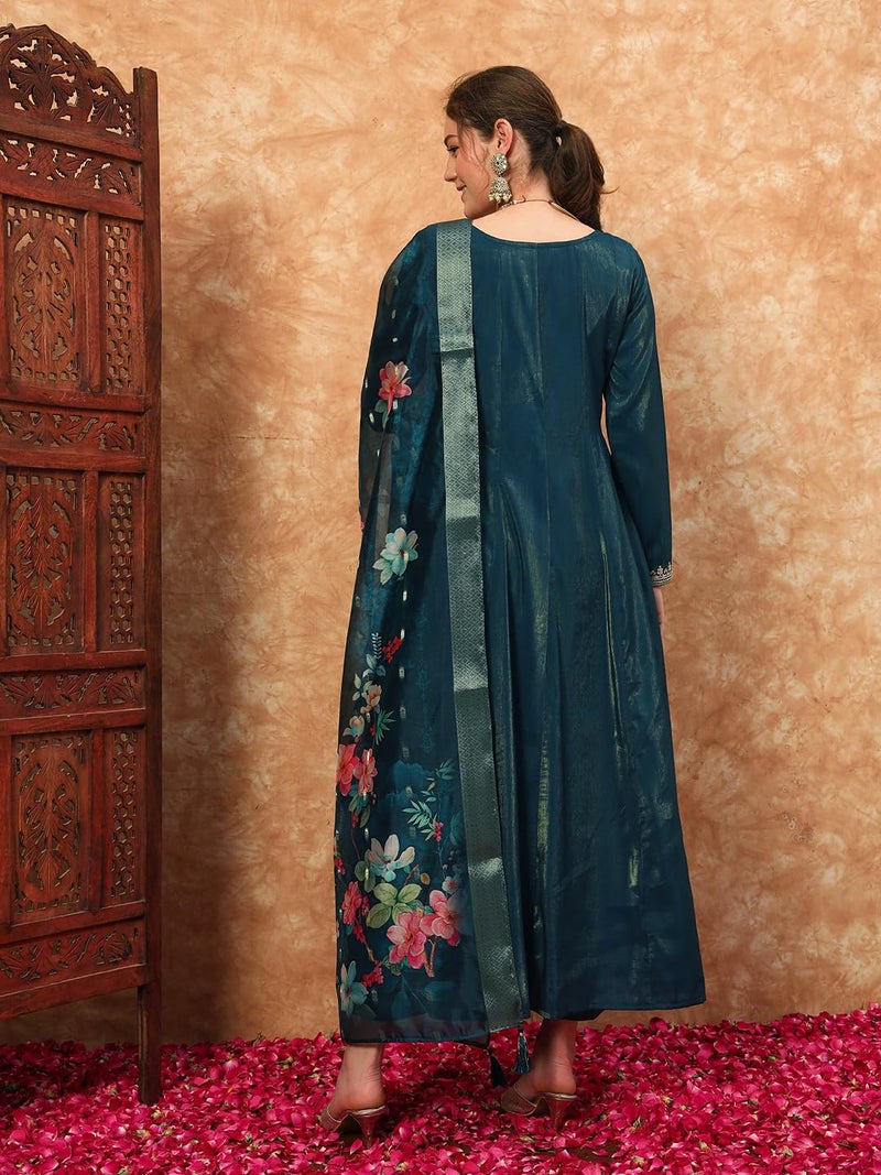 SHOPPING QUEEN Women's Silk Embroidered Kurta, Pyjama & Dupatta Set (A602_Prussian Blue_XS) - Image 2