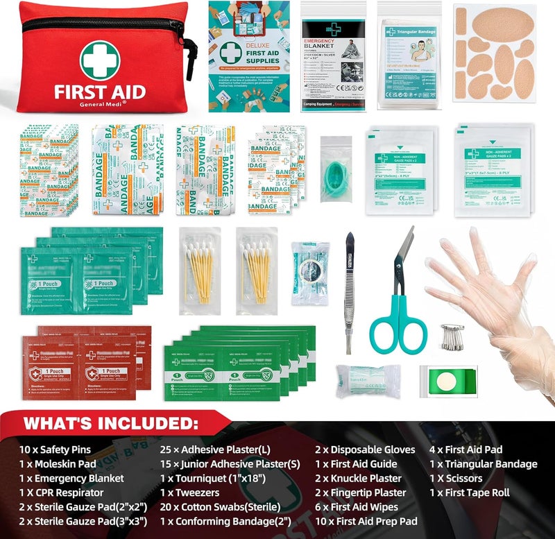 General Medi Mini First Aid Kit, 110 Piece Small First Aid Kit - Includes Emergency Foil Blanket, Scissors for Travel, Home, Office, Vehicle, Camping, Workplace & Outdoor (Red) - Image 2
