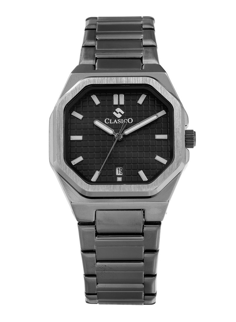 Clasico ساعة أنالوج للرجال من كورتيس مصنوعة من الفولاذ المقاوم للصدأ - قرص أسود، عرض التاريخ، تصميم ثماني الأضلاع فاخر - Image 1