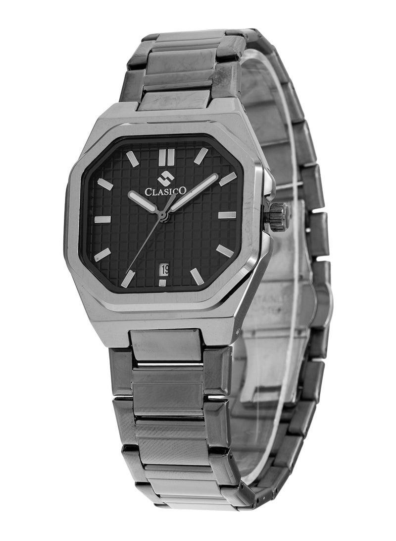 Clasico ساعة أنالوج للرجال من كورتيس مصنوعة من الفولاذ المقاوم للصدأ - قرص أسود، عرض التاريخ، تصميم ثماني الأضلاع فاخر - Image 2