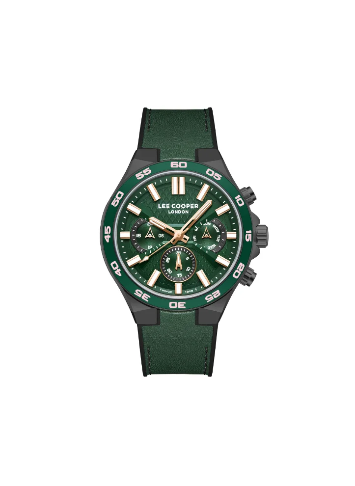 لي كوبر Men's Multi Function Display Watch With Dark Green Leather Strap - LC08066.077