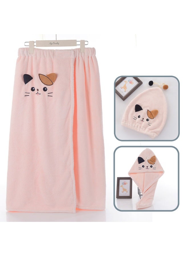 Cat Coral Fleece Drying Hat and Bathrobe Set with Embroidery - Short and Long Hair Options (3-Piece Set) - Image 1