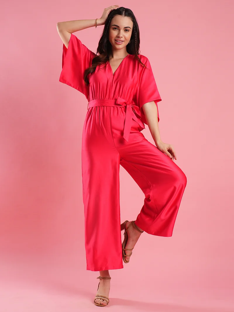 globus Women V-Neck Kimono Style Extended Sleeves Waist Tie-Up Wide Leg Basic Jumpsuit