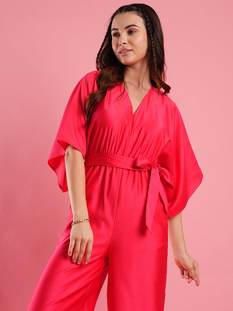 globus Globus Women V-Neck Kimono Style Extended Sleeves Waist Tie-Up Wide Leg Basic Jumpsuit  - Image 5