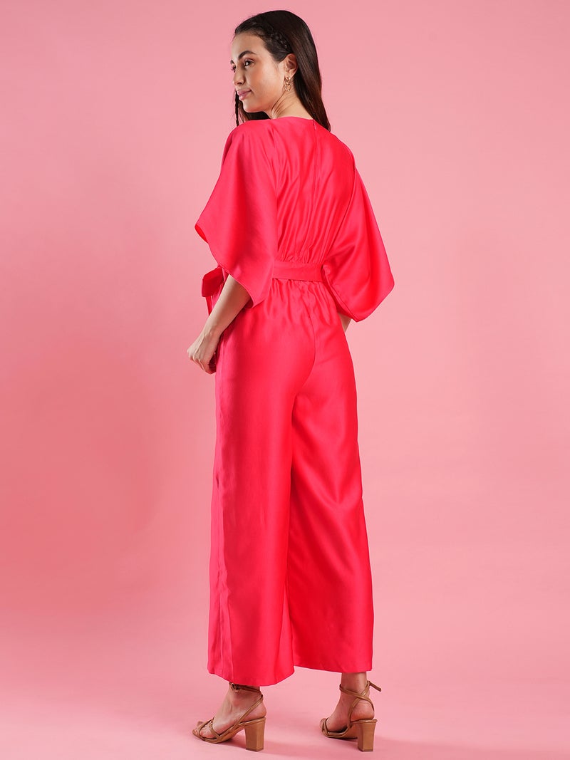 globus Globus Women V-Neck Kimono Style Extended Sleeves Waist Tie-Up Wide Leg Basic Jumpsuit  - Image 3