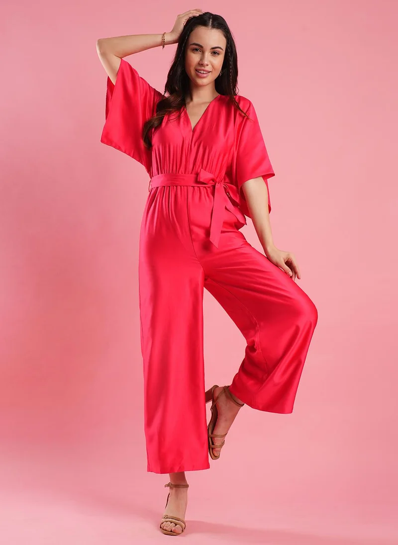 Globus Women V-Neck Kimono Style Extended Sleeves Waist Tie-Up Wide Leg Basic Jumpsuit
