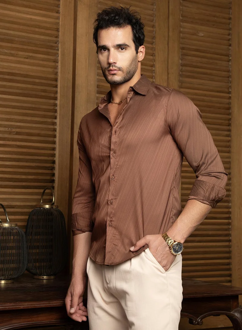 Campus Sutra Men's Chocolate Brown Brushed-Tactile Shirt