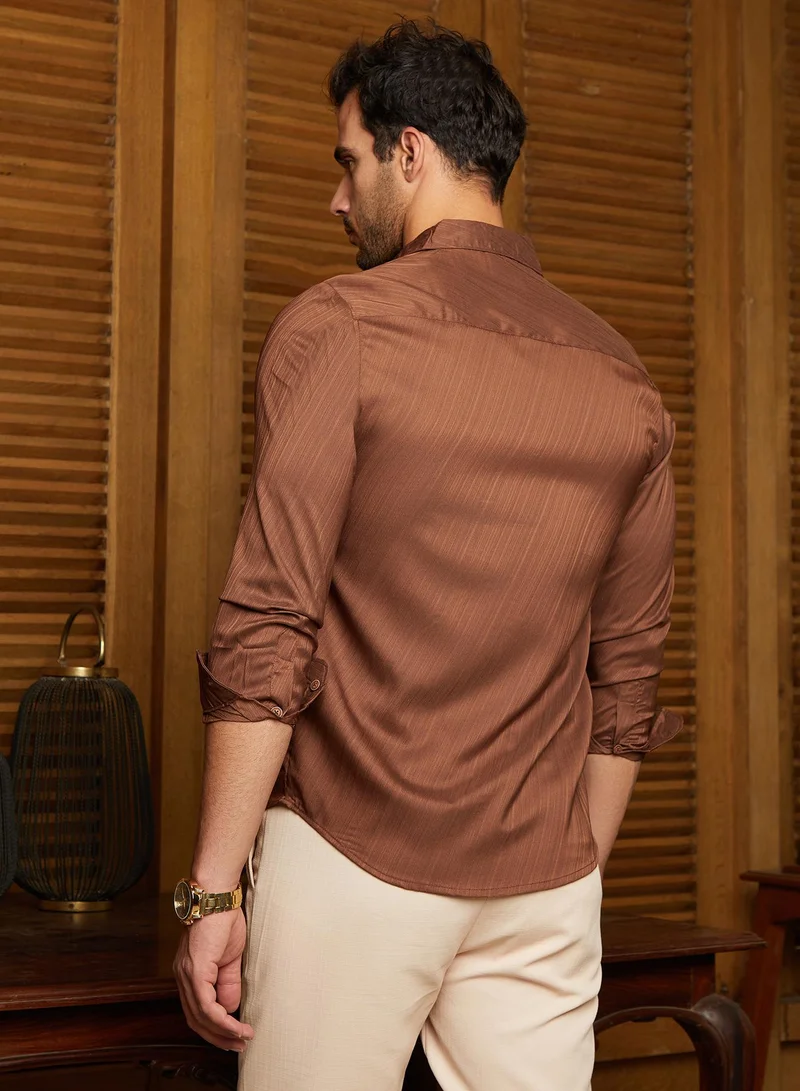 Campus Sutra Men's Chocolate Brown Brushed-Tactile Shirt