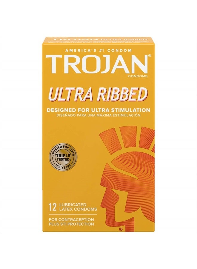 TROJAN Ultra Ribbed Premium Lubricated Condoms, 12 Count - Image 1
