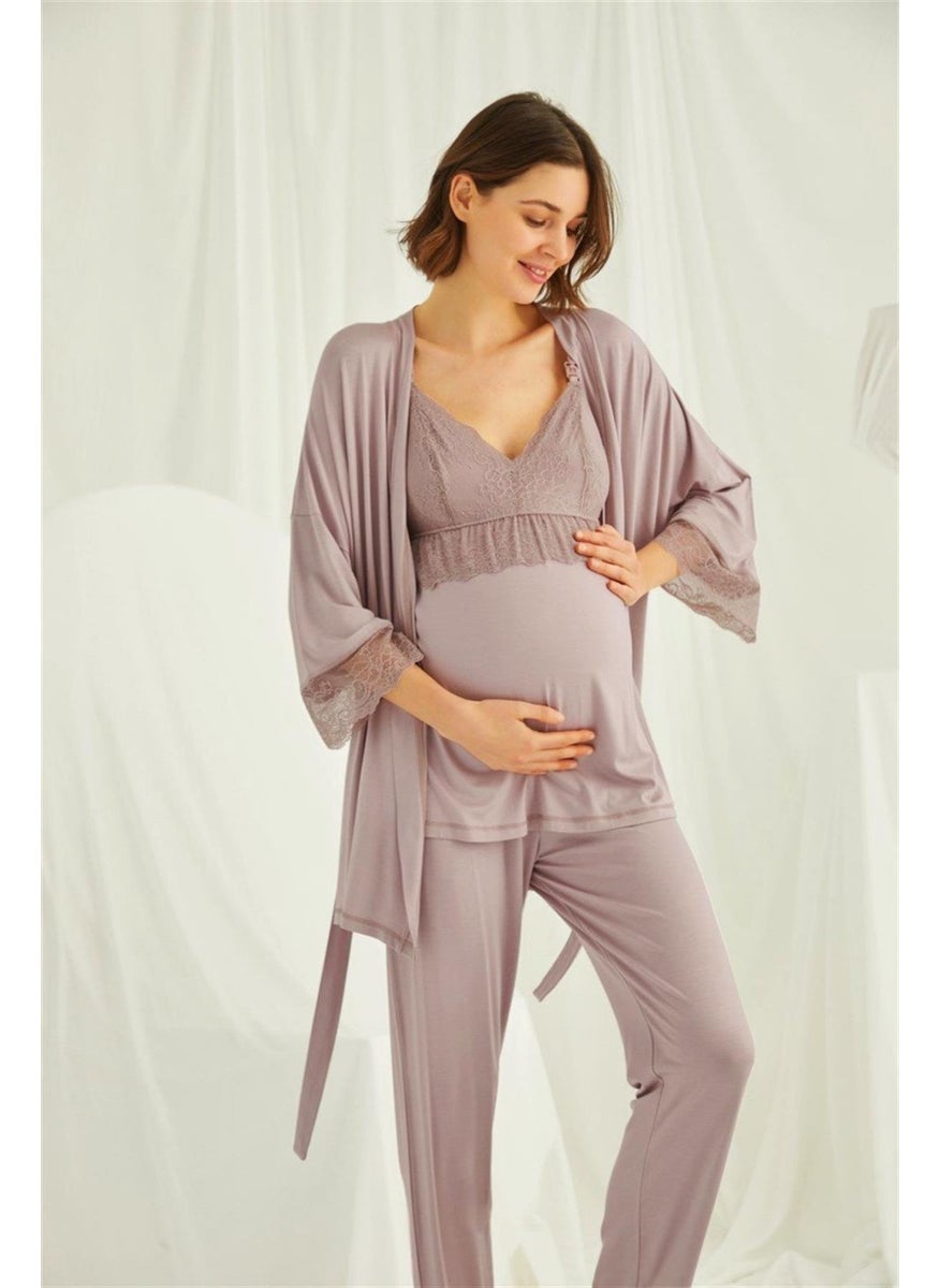 Monamise 18431490 Women's Mink Maternity Maternity Set Dressing Gown Nightgown Pajama Set  - Image 4