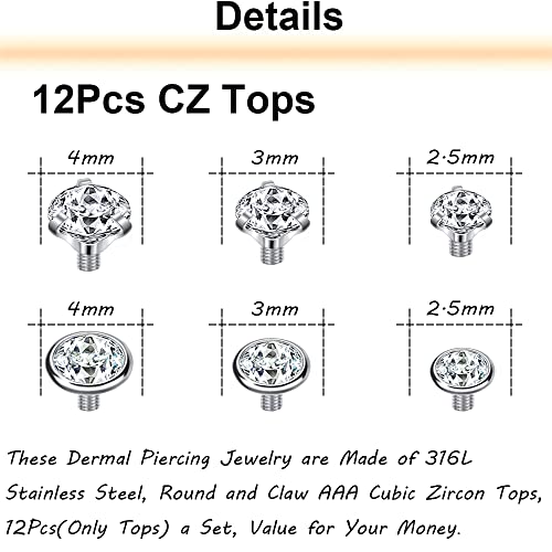 PunkTracker 14G 4-20Pcs Surgical Steel Dermal Piercing Jewelry Cubic Zircon Micro Dermal Anchor Tops Titanium Base Dermal Piercing - Image 2