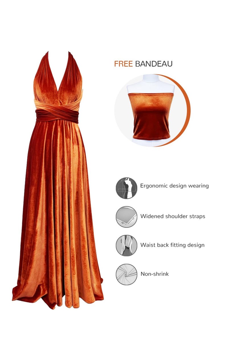 72styles Velvet Infinity Dress with Bandeau,Convertible Bridesmaid Dresses,Plus Size Velvet Wrap Maxi Long Dress Multiway Formal Dress Orange - Image 2