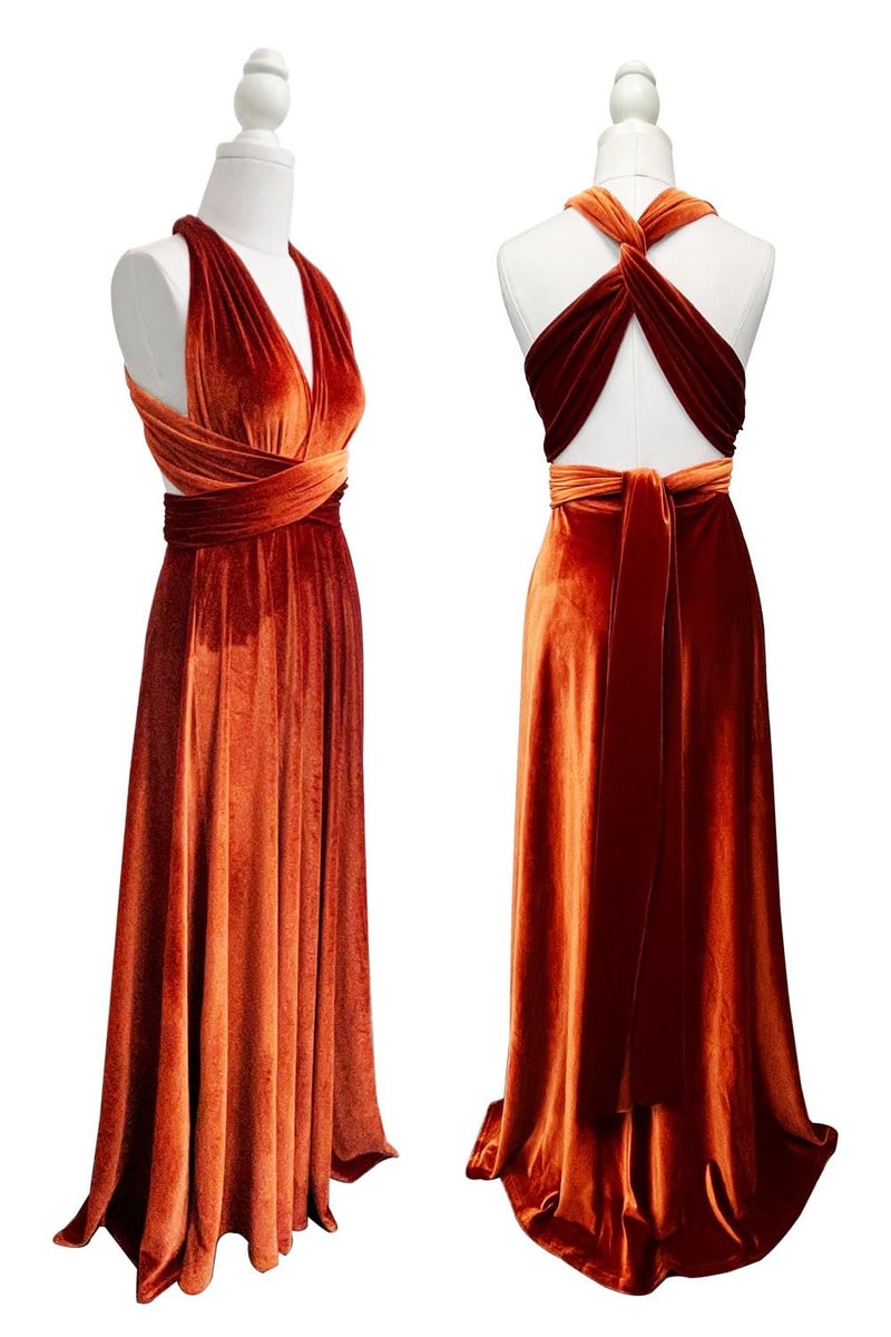 72styles Velvet Infinity Dress with Bandeau,Convertible Bridesmaid Dresses,Plus Size Velvet Wrap Maxi Long Dress Multiway Formal Dress Orange - Image 3
