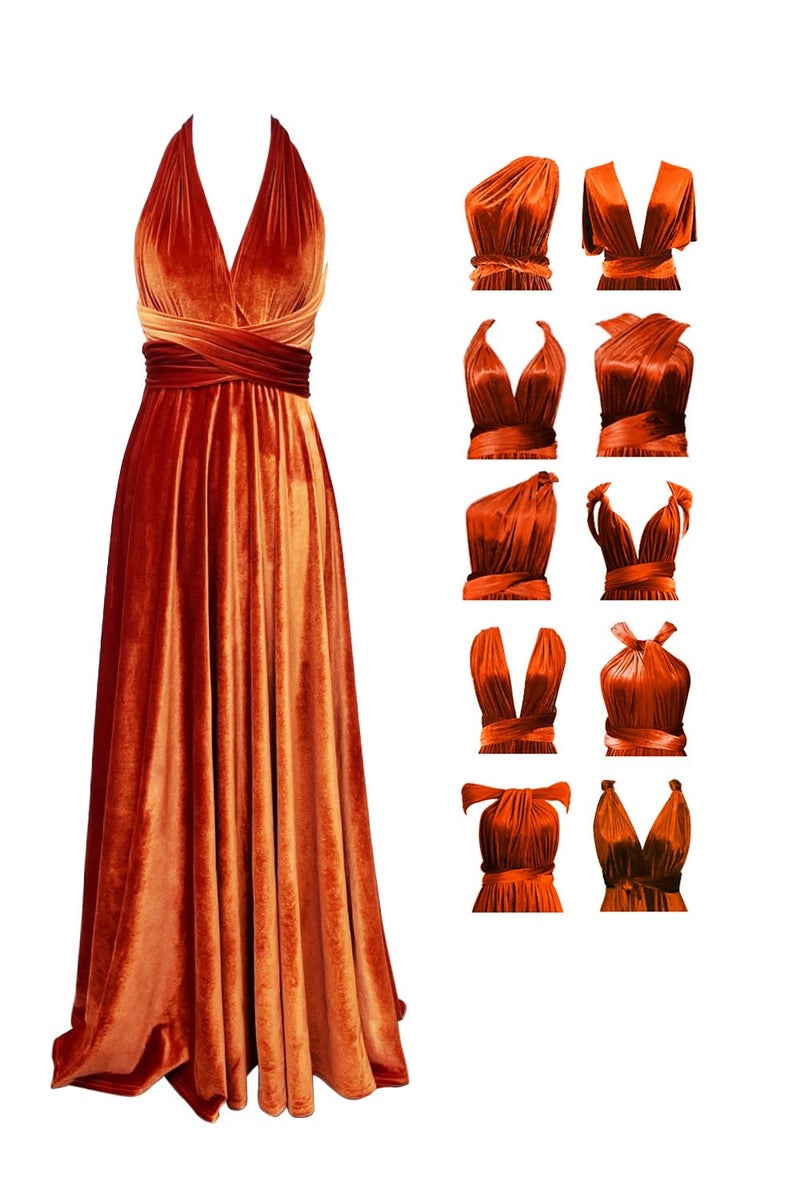 72styles Velvet Infinity Dress with Bandeau,Convertible Bridesmaid Dresses,Plus Size Velvet Wrap Maxi Long Dress Multiway Formal Dress Orange - Image 1