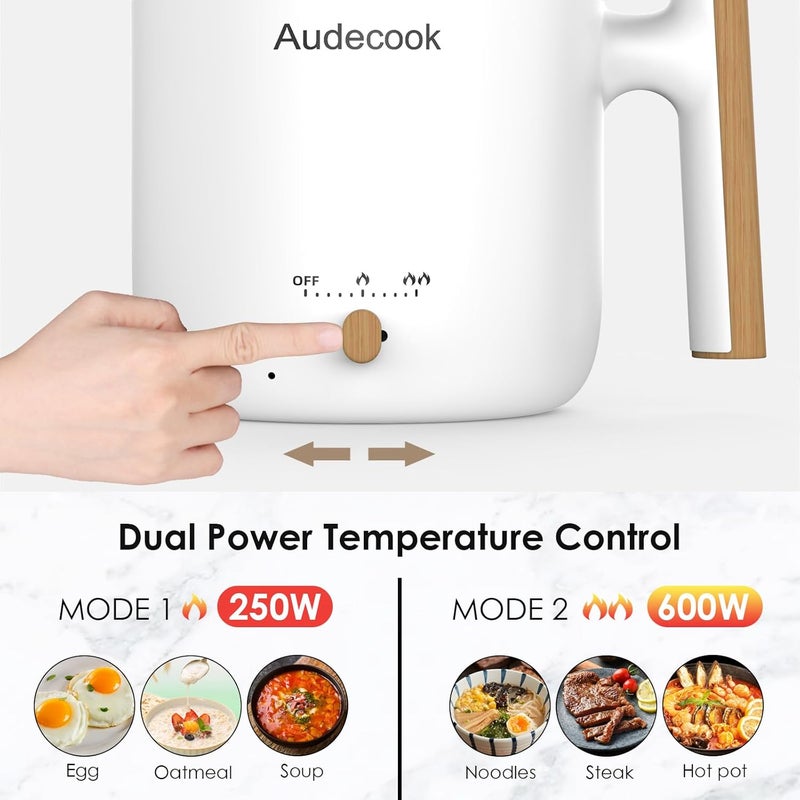 Audecook قدر كهربائي أوديكوك، سعة 1.8 لتر، محمول، غير لاصق، صغير متعدد الاستخدامات، قدر شابو، طباخ رامن سريع مع تحكم مزدوج في الطاقة، مقلاة كهربائية للنودلز/المعكرونة/البيض/الحساء/الشوفان/الستيك (أبيض) - Image 4