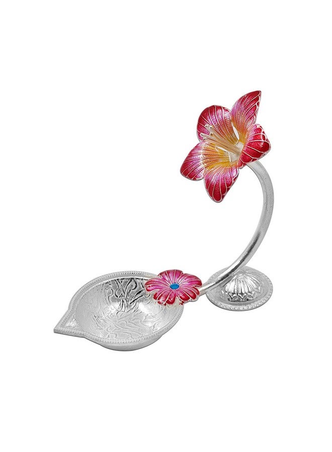 MAA SILVER Pure Silver Diya with Red Colour Enamel & Hibiscus Flower Shape Design BIS Hallmarked Perfect for Gift and Pooja Use (92.5 Purity)(25 Grams Silver) - Image 3