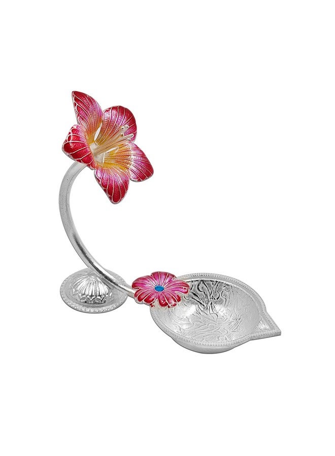 MAA SILVER Pure Silver Diya with Red Colour Enamel & Hibiscus Flower Shape Design BIS Hallmarked Perfect for Gift and Pooja Use (92.5 Purity)(25 Grams Silver) - Image 1