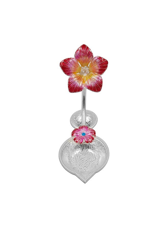 MAA SILVER Pure Silver Diya with Red Colour Enamel & Hibiscus Flower Shape Design BIS Hallmarked Perfect for Gift and Pooja Use (92.5 Purity)(25 Grams Silver) - Image 2