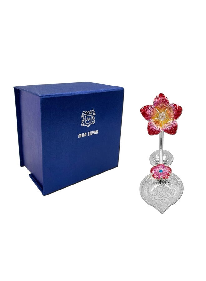 MAA SILVER Pure Silver Diya with Red Colour Enamel & Hibiscus Flower Shape Design BIS Hallmarked Perfect for Gift and Pooja Use (92.5 Purity)(25 Grams Silver) - Image 5