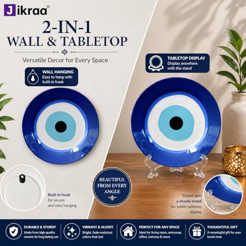 JIKRAA® Evil Eye Protection Good Luck Positivity Prosperity Ceramic Decorative Wall Plates with Stand | 2-in-1 Use : Beautiful Evil Eye Wall Hanging Decor and Stylish Tabletop Display | Evil Eye Wall Plates | Evil Eye Ceramic Decor Plates (10 Inch) - Image 5