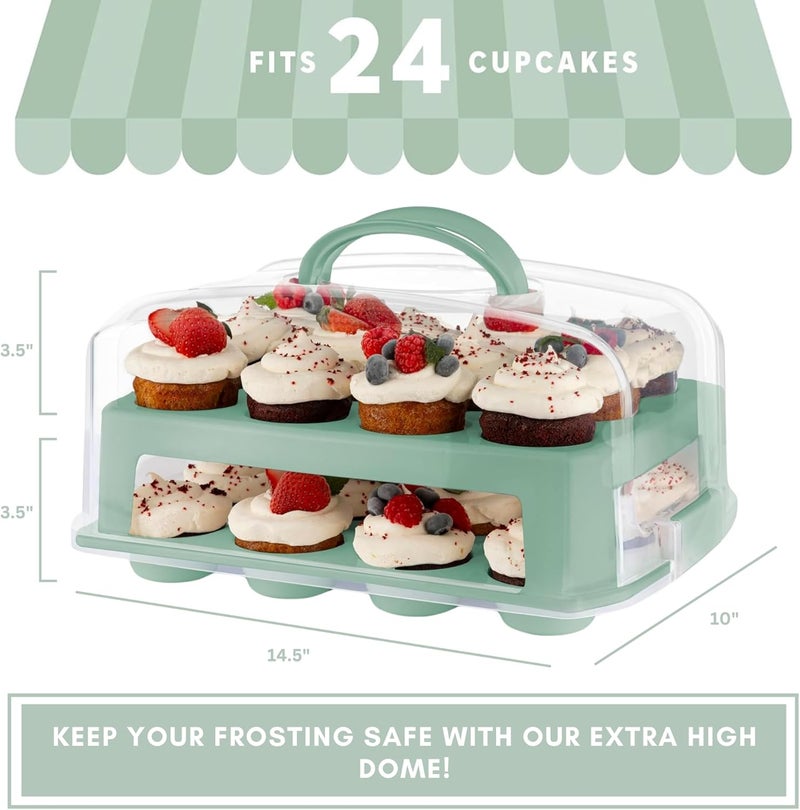 MosJos EXTRA TALL DOME 24 Cupcake Carrier, Green Cupcake Holder Carries 24 Cupcake Storage Container, Muffin Traveler Two Tier Stand Reusable Cupcake Box - Image 4