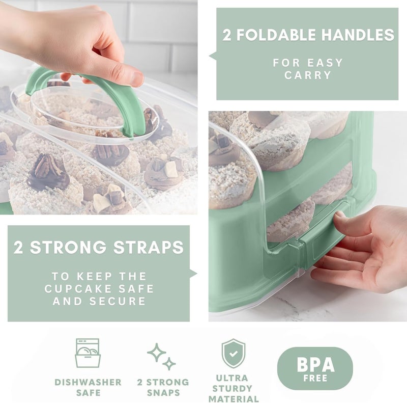 MosJos EXTRA TALL DOME 24 Cupcake Carrier, Green Cupcake Holder Carries 24 Cupcake Storage Container, Muffin Traveler Two Tier Stand Reusable Cupcake Box - Image 1