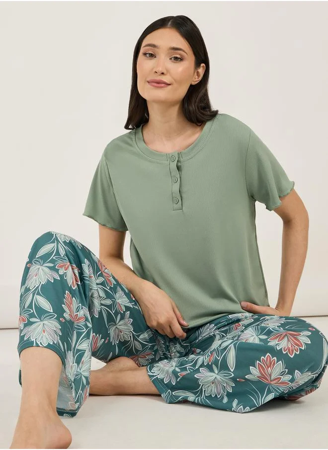 Styli Rib Placket T-Shirt & Floral Print Pyjama Set