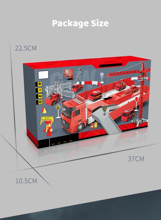 Track toy set,Fire truck with crane tower toy set,Simulation alloy car model 1:55 engineering fire truck set crane transport vehicle,construction vehicle toys Container truck toys 6 engineering vehicles and 2 engineers Track toys Inertial drive With lights and music for Boys Girls 3+Years (Red )  - Image 2