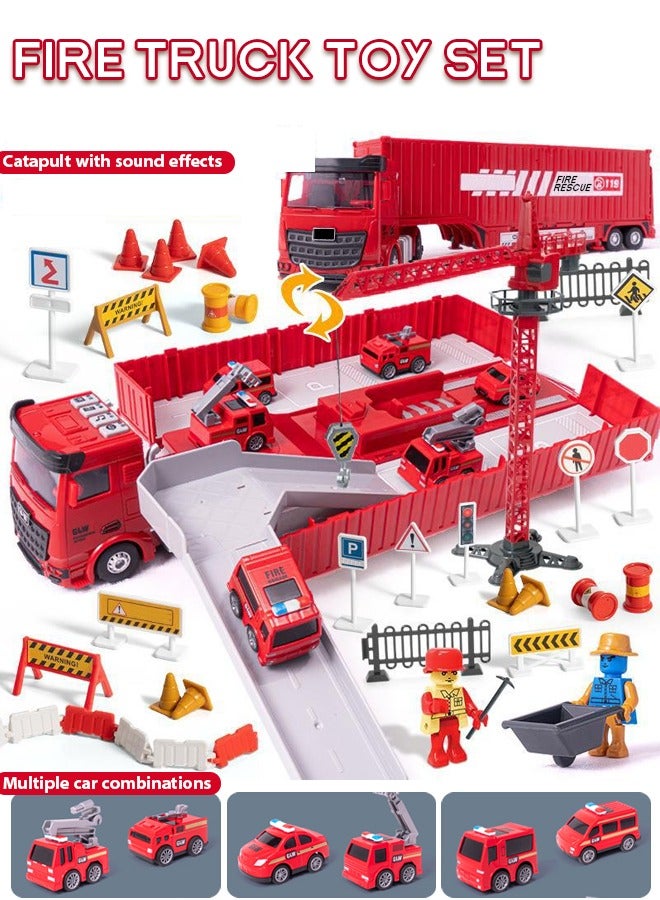Track toy set,Fire truck with crane tower toy set,Simulation alloy car model 1:55 engineering fire truck set crane transport vehicle,construction vehicle toys Container truck toys 6 engineering vehicles and 2 engineers Track toys Inertial drive With lights and music for Boys Girls 3+Years (Red )  - Image 1