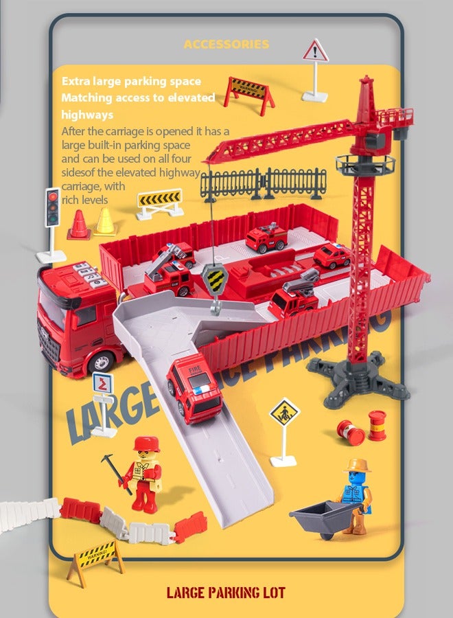 Track toy set,Fire truck with crane tower toy set,Simulation alloy car model 1:55 engineering fire truck set crane transport vehicle,construction vehicle toys Container truck toys 6 engineering vehicles and 2 engineers Track toys Inertial drive With lights and music for Boys Girls 3+Years (Red )  - Image 4