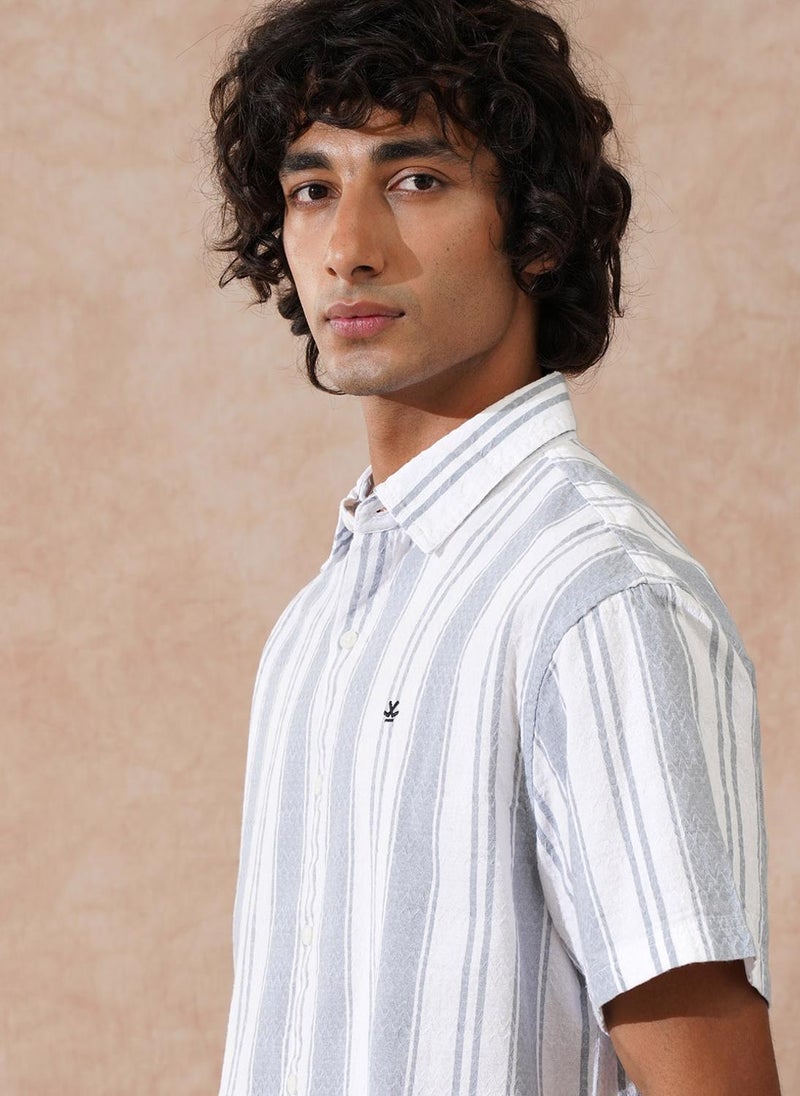 Wrogn Textured Stripes Comfort Fit Shirt | Grey - Image 5