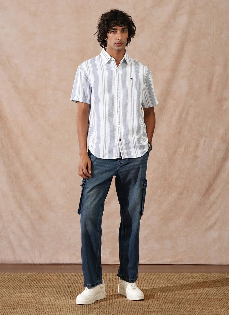 روجن Textured Stripes Comfort Fit Shirt | Grey