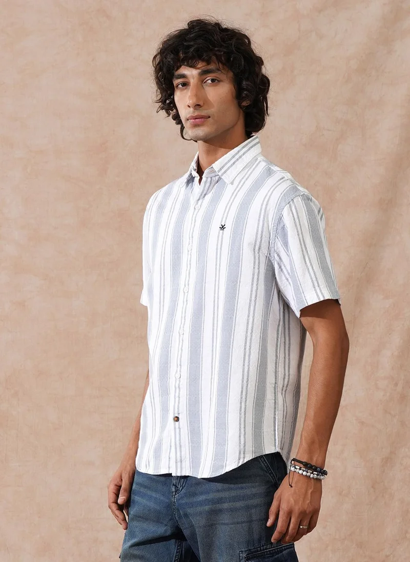 روجن Textured Stripes Comfort Fit Shirt | Grey