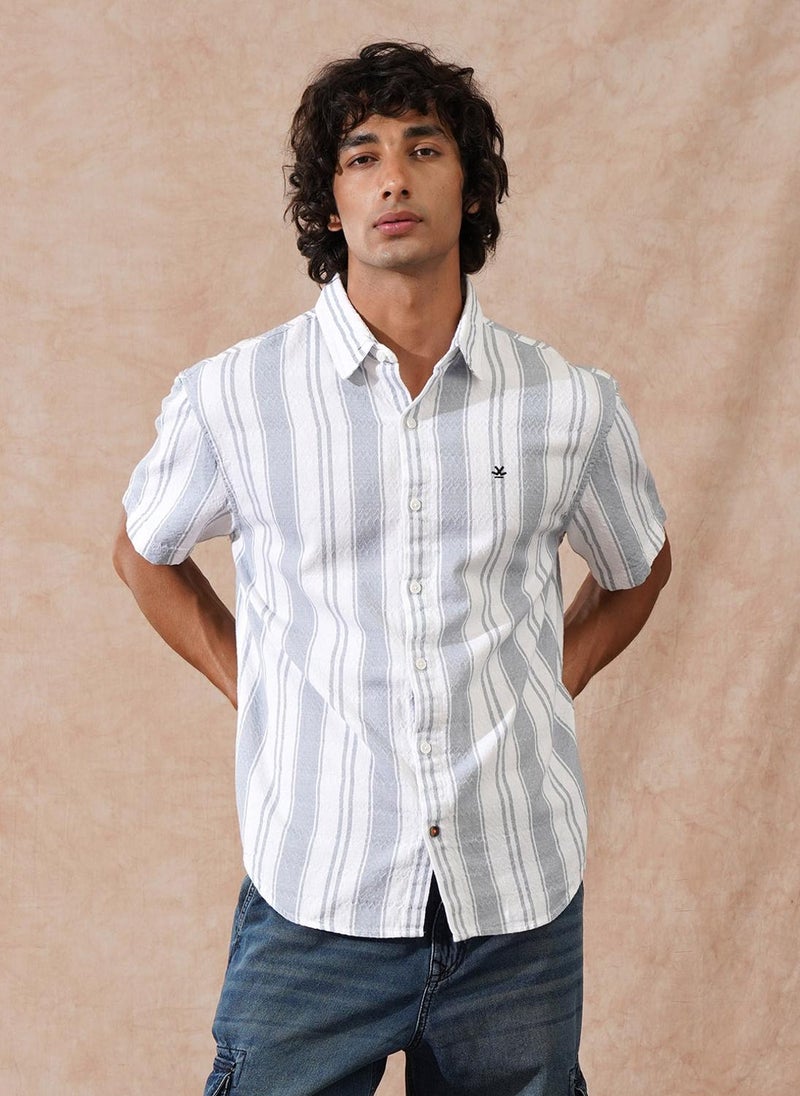 Wrogn Textured Stripes Comfort Fit Shirt | Grey - Image 4