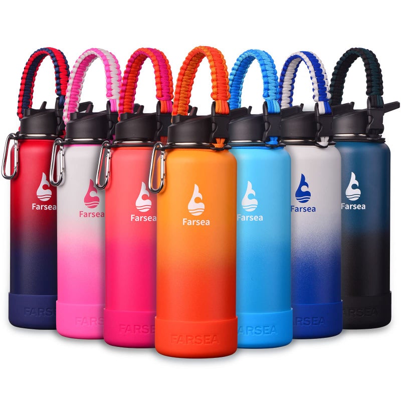 Farsea Insulated Water Bottle With Paracord Handle Protective Silicone Boot and 2 Lids Straw Lid  Spout Lid Stainless Steel Water Bottle Wide Mouth Double Wall SweatProof BPAFree 40 oz