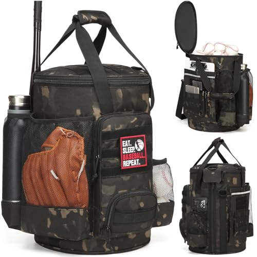 SunForMorning Baseball Bucket Bag Baseball Coaching Accessories Organizer Softball Bucket Bag with AntiSlip Bottom Multiple Pockets for Bat Gloves Scoreboards Black CM - Image 1