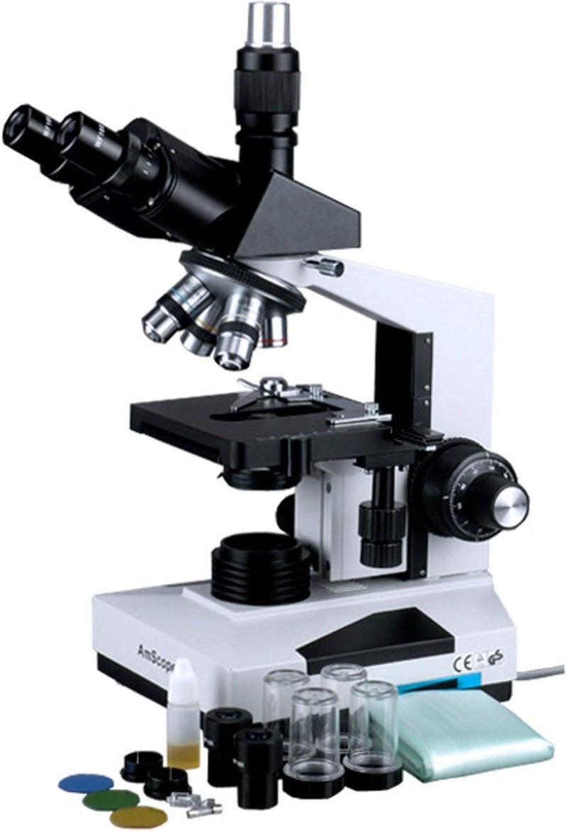 AmScope AmScope T490 Compound Trinocular Microscope WF10x Eyepieces 40X1000X Magnification Brightfield Halogen Illumination Abbe Condenser DoubleLayer Mechanical Stage Sliding Head HighResolution Optics  - Image 1