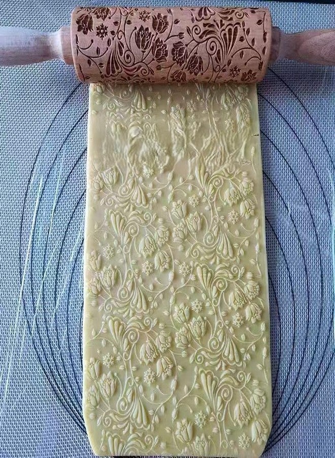 Floral Lotus Embossed Rolling Pins for Cookies, Wooden Engraved for Baking, Embossing Rolling Pins with Designs, Patterned Decorative Springerle Mold Stamp Clay Pattern Roller
