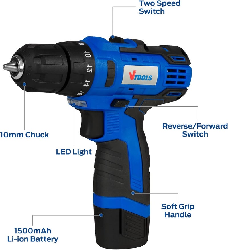 VTOOLS 12V 1.5 Ah Cordless Drill Driver For Drilling And Fastening,Blue,Vt1202 - Image 2